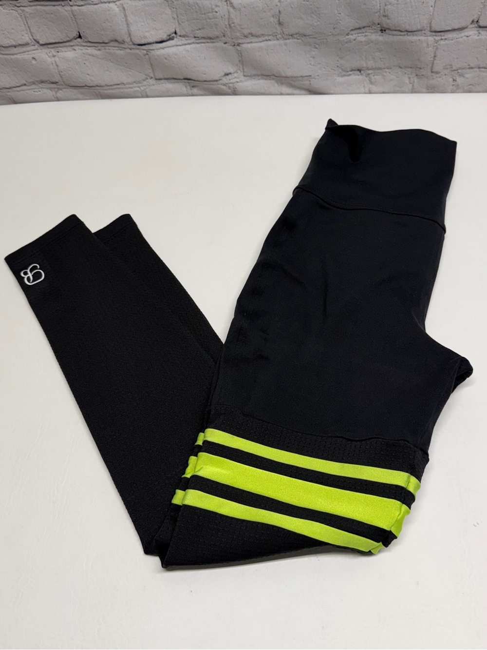 Bombshell  Black Leggings with Neon Green Stripes size M